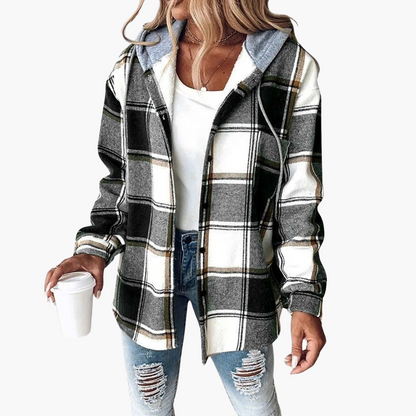 Arlene | Women's Hooded Plaid Button-Up Flannel Shacket