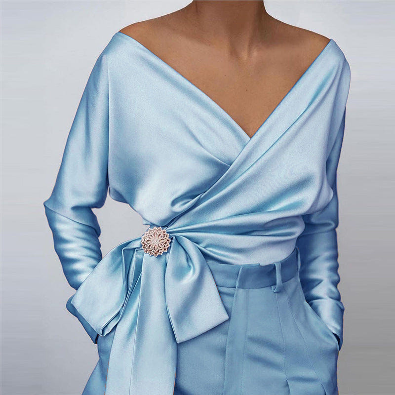 Ursula | Women's Satin Off-Shoulder Wrap Blouse